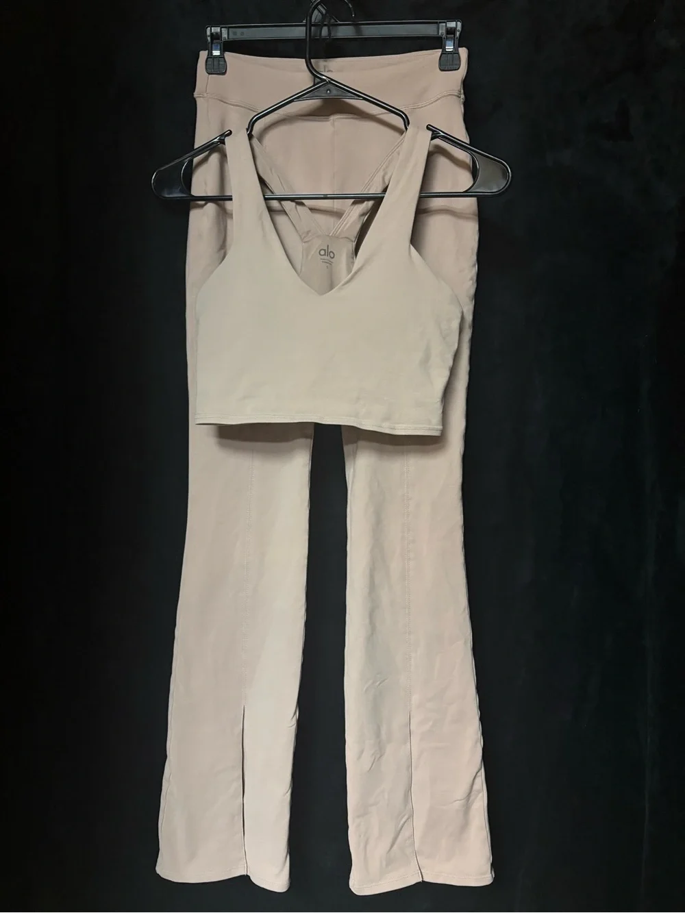 ALO Yoga Beige Flare Leggings and Matching Crop Tank Set